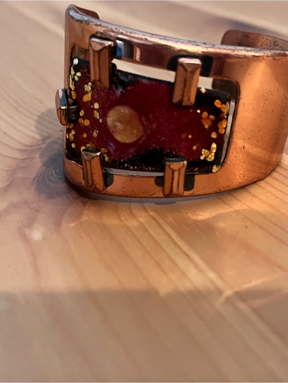 Vintage Matisse Renoir Red Enamel Copper Cuff Bracelet with Geometric Accents